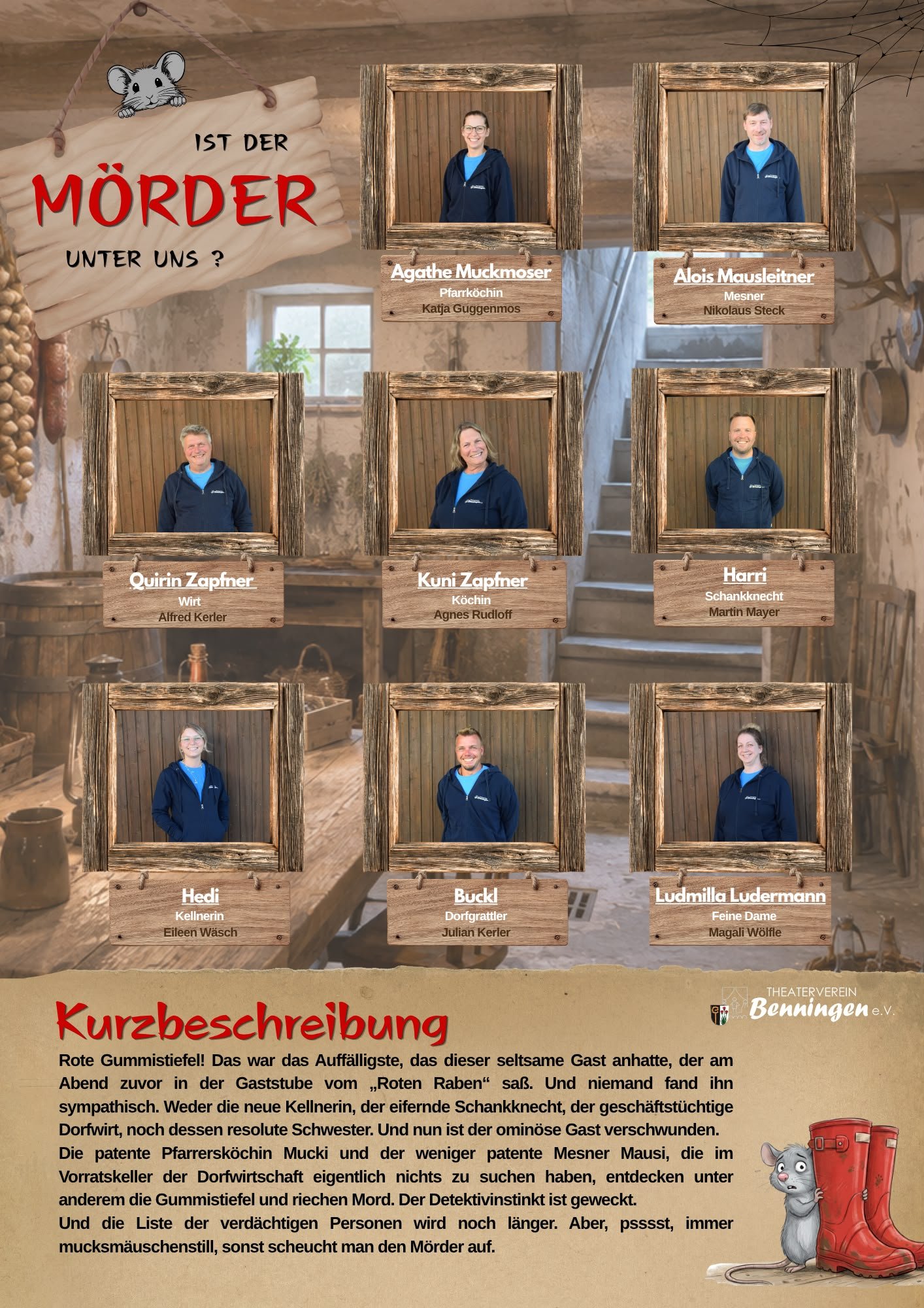 Flyer-Rückseite zu Mucks Mäuserl Mord mit dem Ensemble, den Rollen und der Kurzbeschreibung